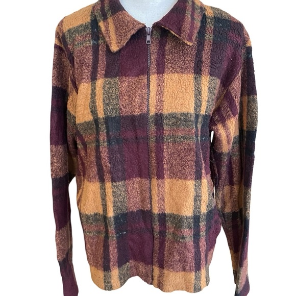 Plaid Zip-Up Jacket in Burgundy and Mustard - Picture 1 of 8